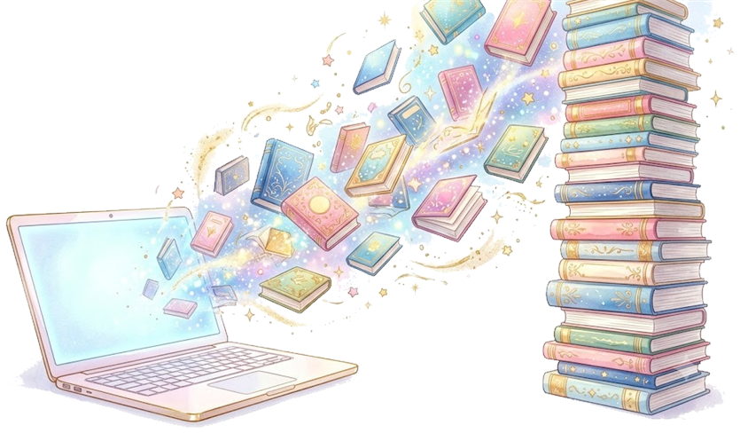ノートPCから本が飛び出すAI自動出版システムのイメージイラスト